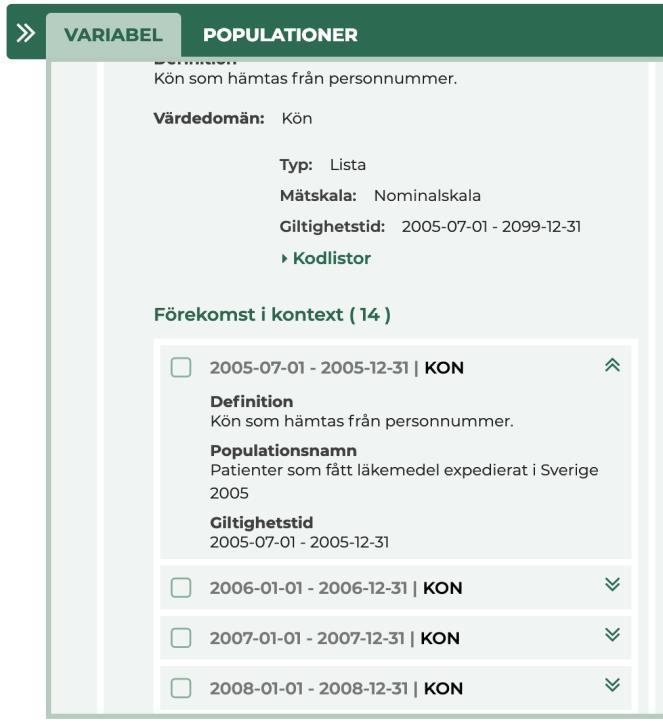 16 Kodlistan som är kopplad till representationen visas i ett eget fönster, om du klickar på länken Kodlistor.