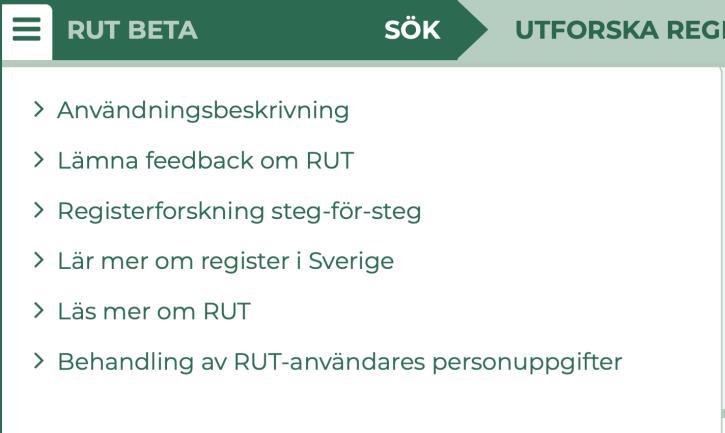 Information och återkoppling Längst till vänster i sidhuvudet finns en utfällbar meny, med länkar till information om