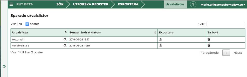 Urvalslistor I högra delen av sidhuvudet hittar du urvalslistor.