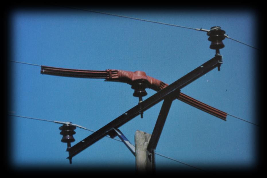 Bilden visar kraftledningar byggda för 12kV där linorna består av typen BLX Regelstolpar med isolerad mittfas 10 40kV nominell spänning Regelstolpar