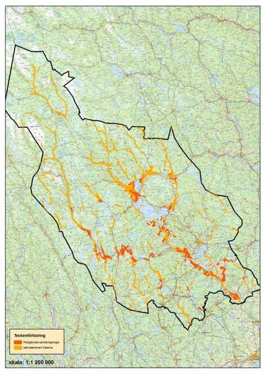 Kartan visar de sand- och grusavlagringar som finns i Dalarna, skapade av istidens smältvatten och isälvsflöden. Från Länsstyrelsens rapport Fjälltaggsvampar och violgubbar 2016:14.