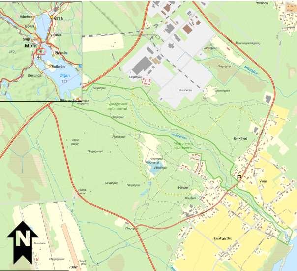 7. Vinäsgraven Ravinbildning på Morafältet som avsatts som naturreservat. Tallskog på sandmark dominerar övre delarna och längs ån växer granskog med stort inslag av lövträd.