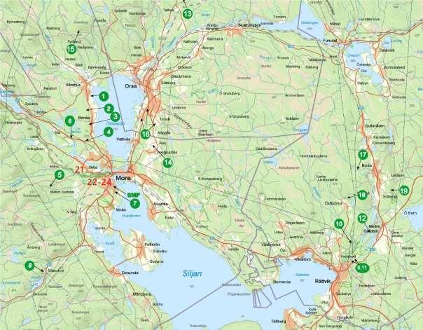 Översiktskarta Kartan över Siljansbygden visar de besökta skogslokalernas läge i Mora, Orsa och Rättvik.