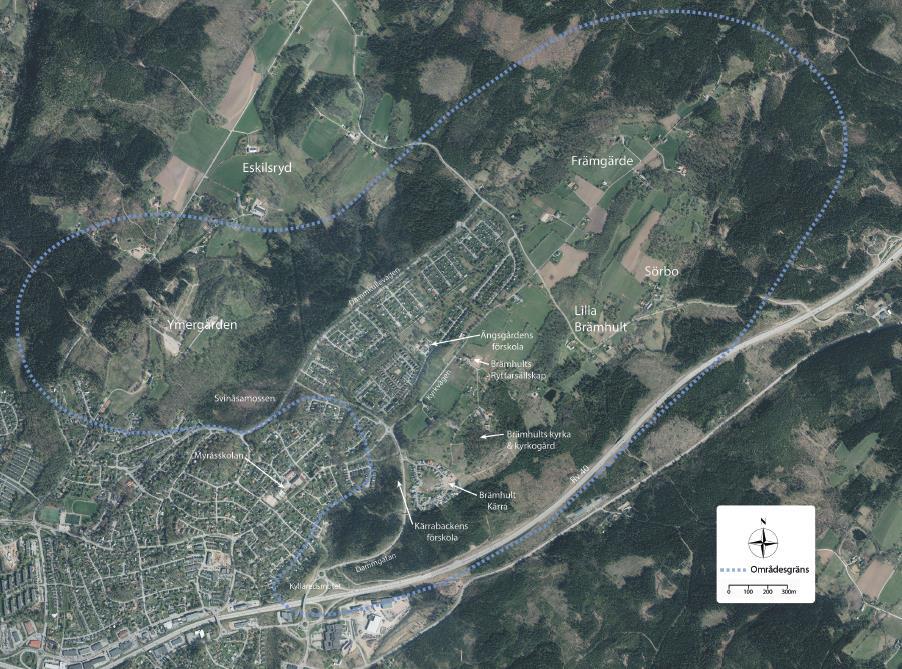 Figur 1 Utredningsområdet. Området som omfattas av planprogrammet för Östra Brämhult är markerat med en blå prickad linje. Källa: Borås stad.