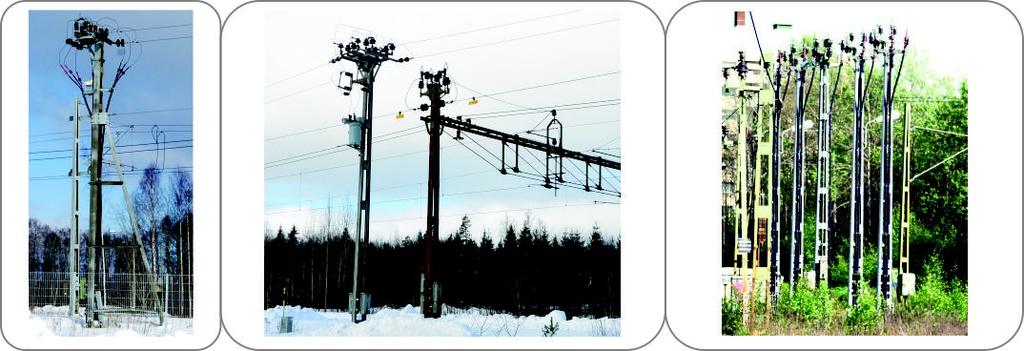 Frånskiljare för hjälpkraft (Krylbo) Frånskiljare för linje och bangård på kontaktledningsbryggan (Morshyttan) En skog av frånskiljarstolpar (Fagersta C vid Västanfors) Topptransformator för