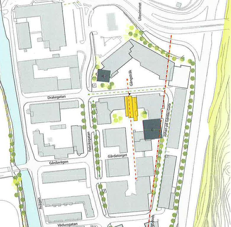 Begäran innebär att en högdel, uppförd i totalt cirka 23 våningar byggs i öppningen mellan de två befintliga kontorsfastigheterna på Gårda 18:19 och 18:22.