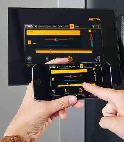 SERVICE Man kan styra pannan på samma sätt via smartphone, dator eller surfplatta som du gör via pekskärmen.