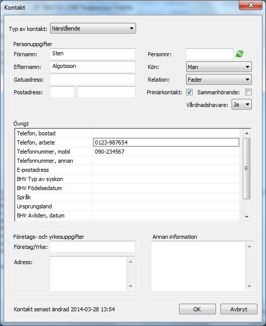 Familjehem registreras som typ av kontakt Närstående med relation Familjehemsförälder. Ange om det är en primärkontakt.