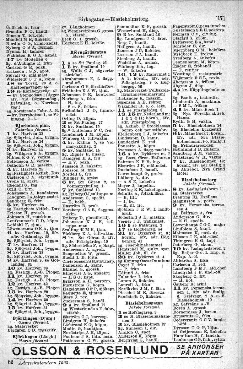 ".Birkegatan-> Blasieholmstcrg. fl 7] Goffrich' A, frkn.kv, Långholmen ','Sommelius K P, grossh. IFagerströmC,pens.inn!'h:a, ' Grandin F O, handl.,," äg.wennerströms G, gross- Westeriund H, disp.