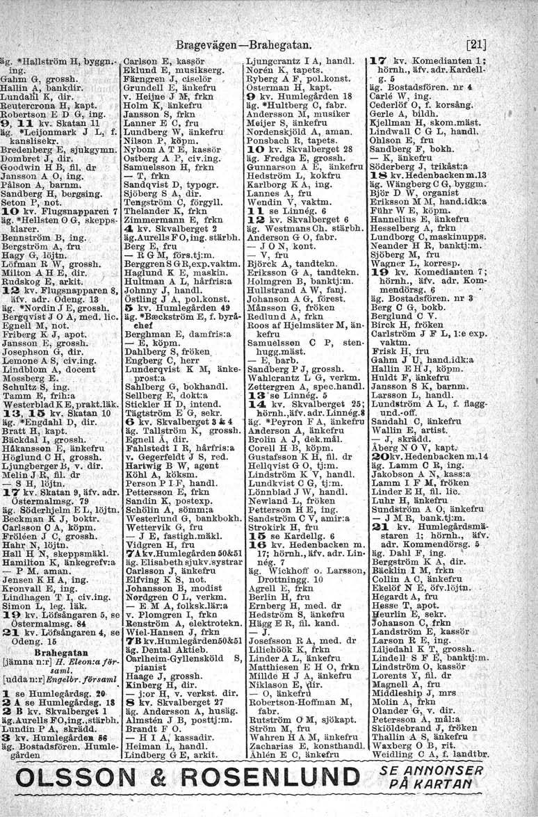 Bragevägen -:-Brahegatan.' äg, *Hallstrbm H, byggn.-,carlson E, kas~ör,ljungerantz I A"hand!. ing. - Eklund E, musikserg. Noren K, tapets. ahm G, gros sh. w' Färligren J, ciselör Ryberg A F, po!.konst.