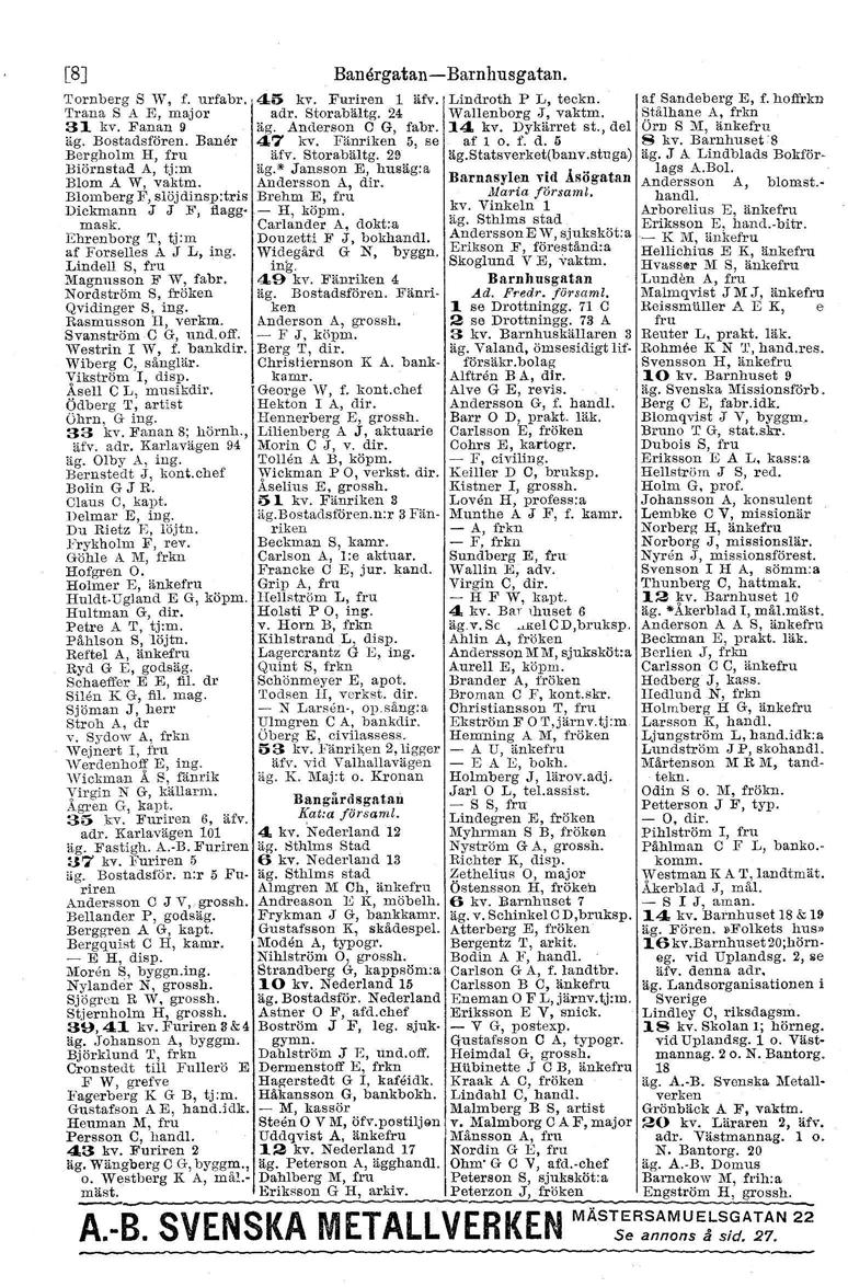 [8J Tornberg S 'Y, f. urfabr. Trana S A EJ major 31 kv. Fanan 9 äg. Bostadsfören. Baner Bergholm H, fru Biörnstad A, tj.m Blom A W, vaktm. Blomberg F, slöjdinsp:tris Dickmann J J Jf, flaggmask.