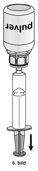 2. Rengör det valda injektionsstället med en av de bipackade desinfektionstorkarna. 3. Anslut den bipackade injektionsnålen till sprutan. 4. Stick in injektionsnålen i den valda venen.