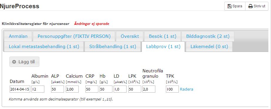 I fliken Labbprov visas information om labbprover för aktuell patient.