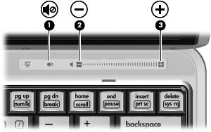 Justera volymen Använd följande kontroller om du vill justera volymen: Knappar för datorvolym: Om du vill stänga av eller återställa volymen trycker du på ljudavstängningsknappen (1).