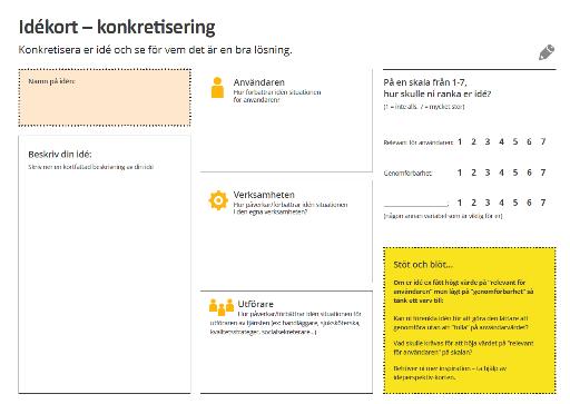 Konkretisera er idé Idékortet är en konkritiseringsmall som hjälper er som grupp att förstå, utveckla och kommunicera er idé.