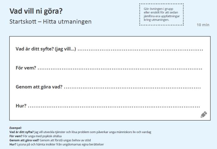 Beskriv och skriv ner utmaningen! Definiera utmaningen Att kunna definiera ett problem eller utmaning är oerhört viktigt för den efterföljande innovationsprocessen.