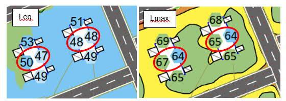 Utklipp från AK02. Maximal ljudutbredning 2 meter över mark från järnväg och väg för år 2040 (inkl. reflex i egen fasad).