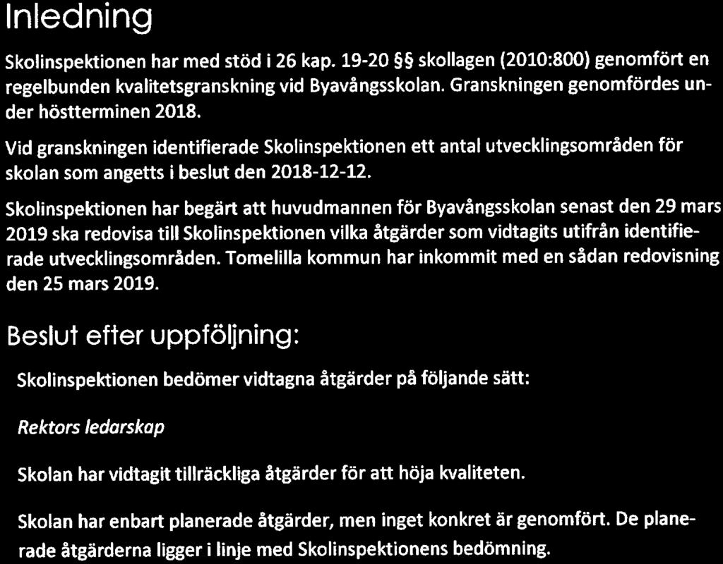Skolinspektionen har begärt att huvudmannen för Byavångsskolan senast den 29 mars 2019 ska redovisa till Skolinspektionen vilka åtgärder som vidtagits utifrån identifierade utvecklingsområden.