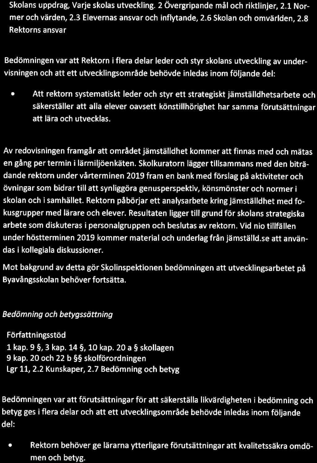 Skolinspektionen 3(4) Skolans uppdrag, Varje skolas utveckling. 2 Övergripande mål och riktlinjer, 2. 1 Normer och värden, 2. 3 Elevernas ansvar och inflytande, 2. 6 Skolan och omvärlden, 2.