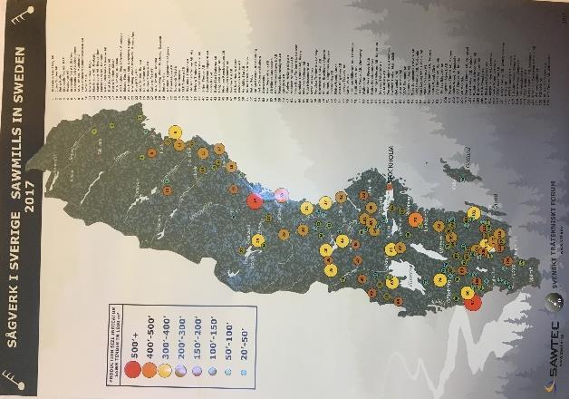 11(42) 4 Bakgrund Sågverk I Sverige finns idag omkring 140 sågverk med en sammanlagd produktion på ca. 18 miljoner m 3 sågat timmer.