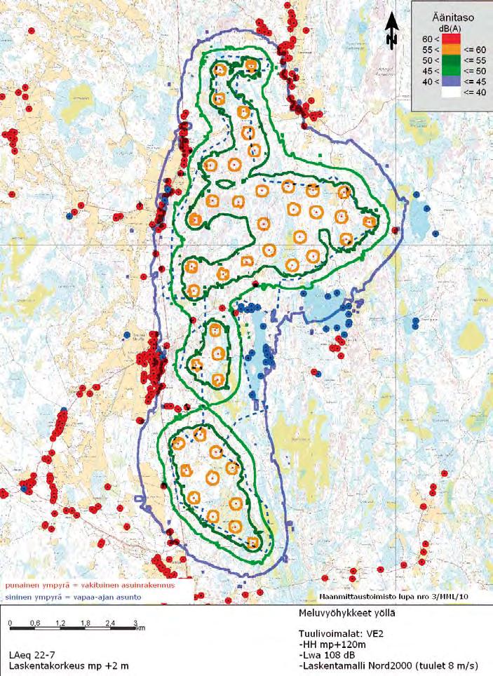 Figur 13-3 Vindkraftverkens bullerområden nattetid i alternativ 2,