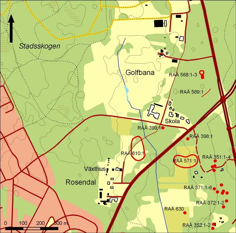 Figur 2. Fornlämningar i närområdet runt Rosendal enligt FMIS, mot bakgrund av Fastighetskartan. Skala 1:10 000.