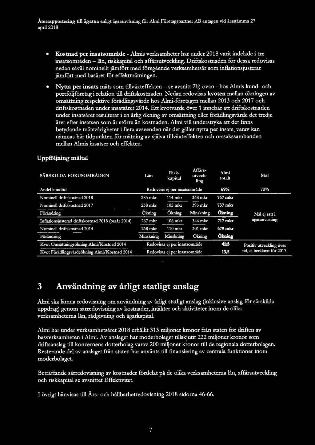 Nytta per insats mäts som tillväxteffekten - se avsnitt 2b) ovan - hos Almis kund- och portföljföretag i relation till driftskostnaden.