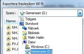 Exportera fraslexikon, gäller bara Närhälsan a) Efter