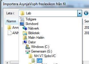 Importera fraslexikon, gäller bara Närhälsan a) Den person som vill importera fraslexikon öppnar sitt