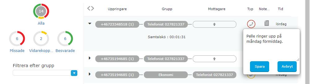 på -webben Lägga till notering och tilldela samtal Alla gruppmedlemmar kan göra noteringar för de besvarade och missade samtal som