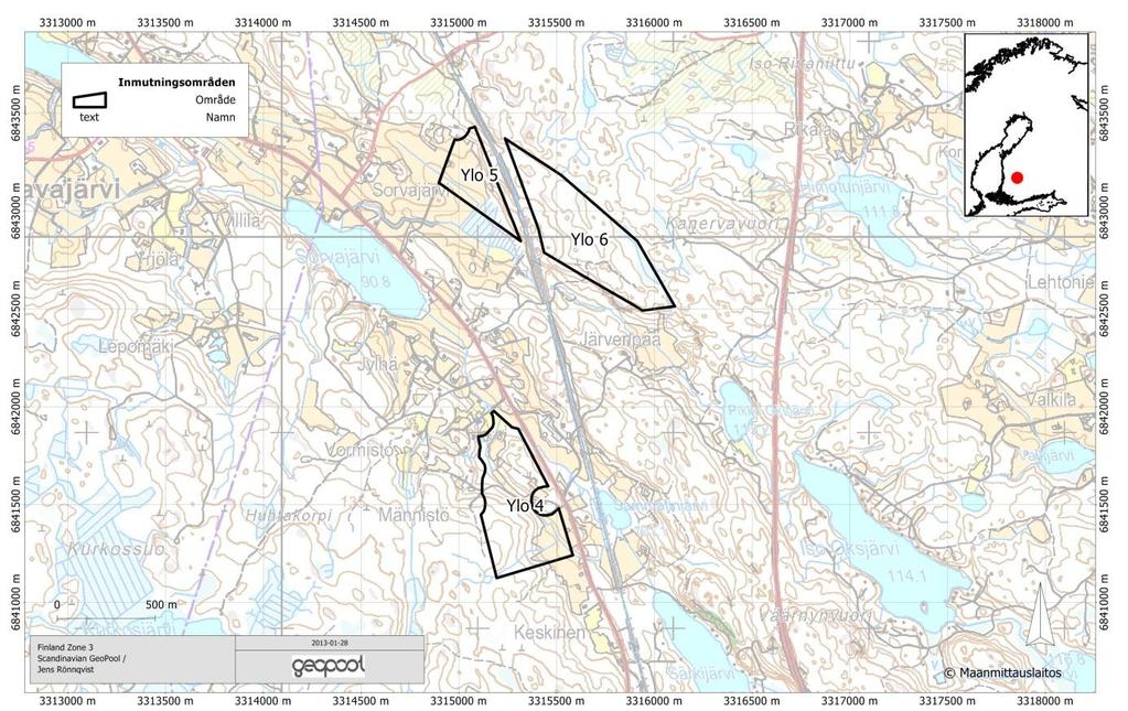Beskrivning av malmletningsområdet Det rapporterade området finns i Ylöjärvi kommun i. En topografisk karta med gränser utritade för de olika områdena kan ses i Figur 1.