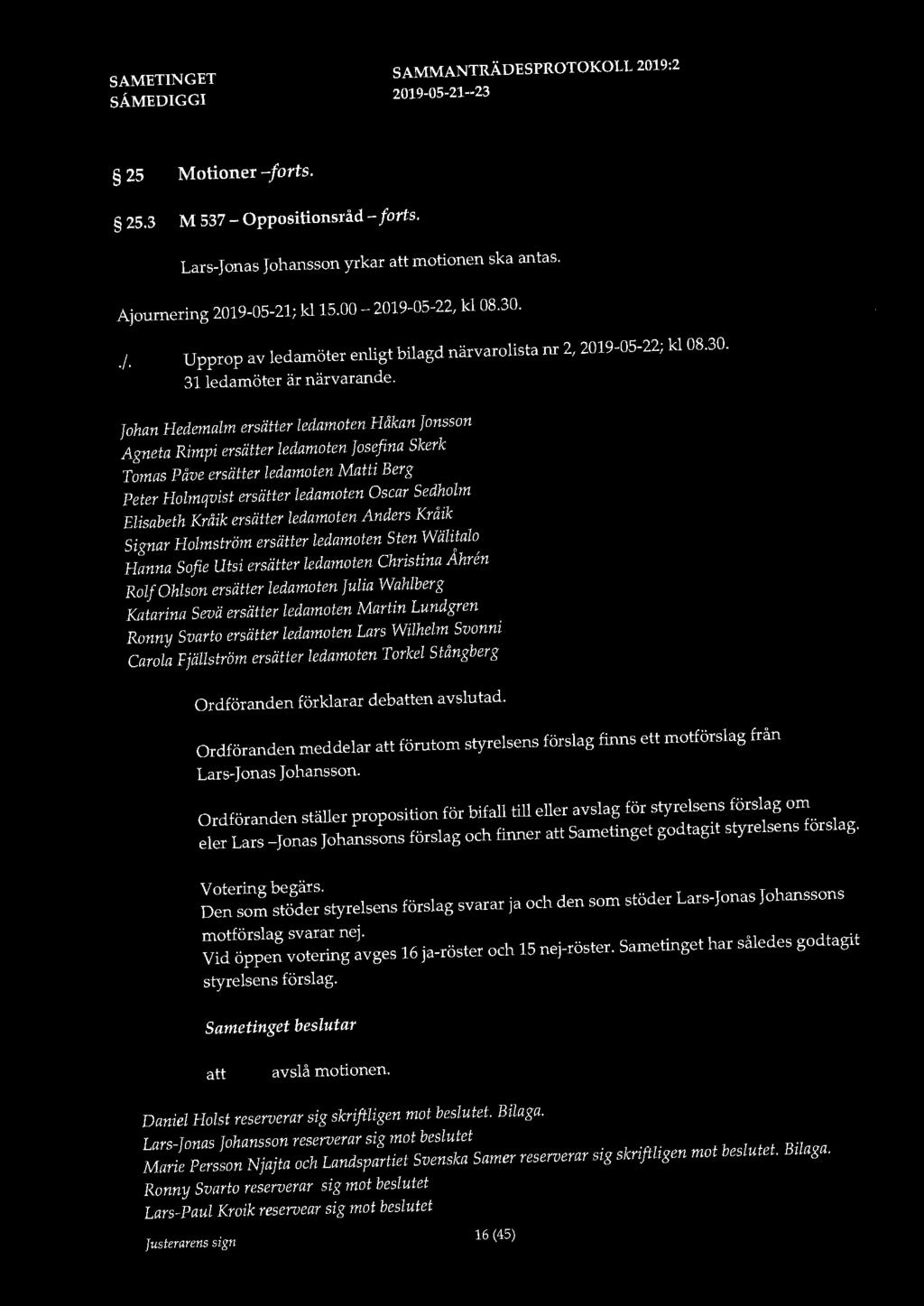25 Motioner -forts. 25.3 M 537 - Oppositionsråd - forts. Lars-Jonas Johansson yrkar motionen ska antas. Ajournering 2019-05-21; kl 15.00-2019-05-22, kl 08.30../.