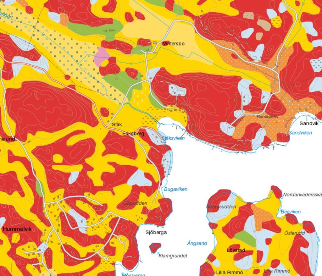 4.1 Geologi 9 (20) Jordarterna kring Vintersbo Norra domineras av berg i dagen och lera. I Vintersbo Norra består marken främst av berg i dagen men där finns även sandig morän och postglacial sand.