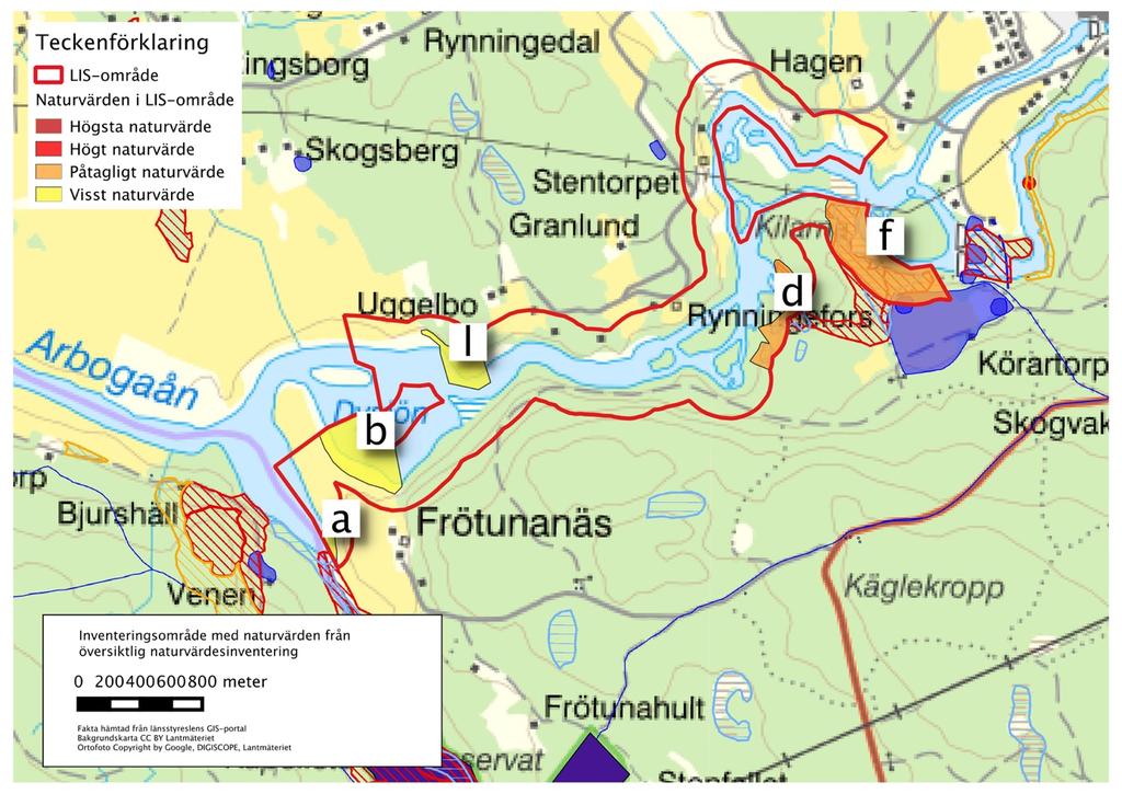 Detaljerad karta över naturvärdesobjekt.