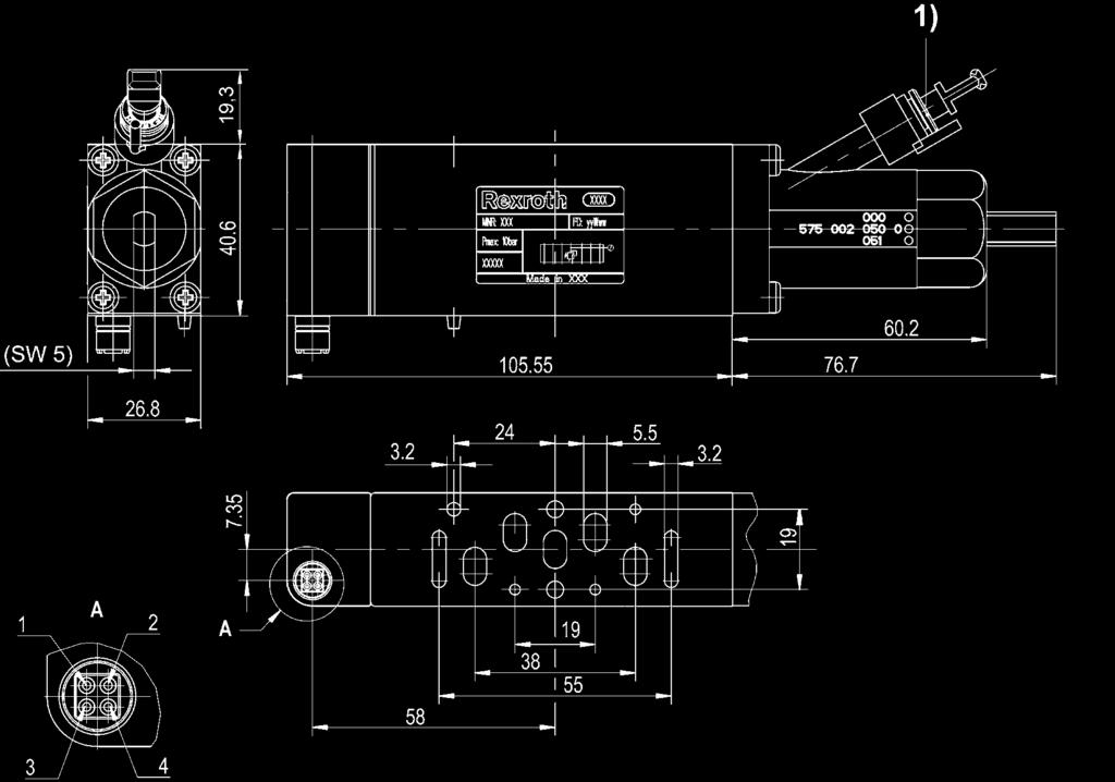 25-2, Serie CD01-PI Dimensioner 00127635 1) Snabbanslutning, diameter 6 x 1 (för manometer) Stifttilldelning: 1) Magnetsida 14.