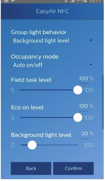 Occupancy based control: Närvaro baserad funktion på/av Daylight based control: Dagsljus kontroll på/av Daylight dependent override: Daylight dependent switching: LED indicator: Dagsljus kontroll