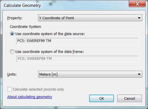 Välj Y Coordinate of Point i rullgardinen och klicka på OK. Högerklicka på Y-kolumnen och välj Calculate Geometry. Välj X Coordinate of point i rullgardinen, klicka på OK.