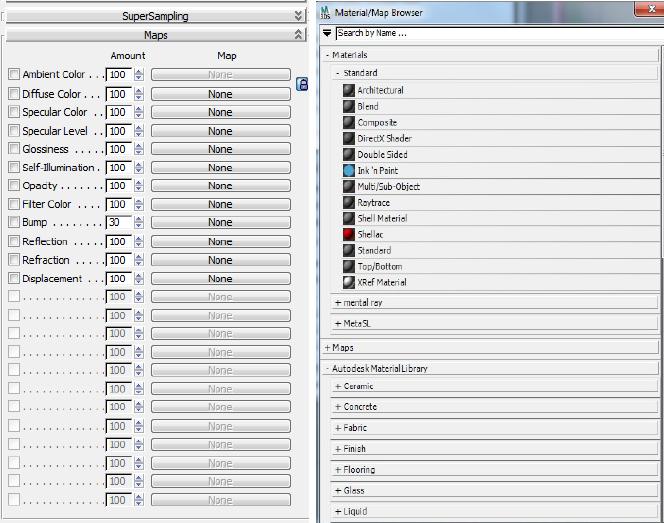 1.6.3 Maps Figure 3: Maps i materialeditorn, samt Material/Map Browser Denna rollout (se figur 3) låter dig koppla mappar till materialets olika komponenter.