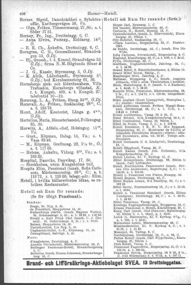 406 LIVL-U~~L-UV lid. Horner, Sigrid, Daniskrädderi o. Sybehörs- Ho t el1 och Rum f ör res an d e (forts.): affär, Karlbergsvagen 56, Va. Birger Jarl Brunnsg. 1, C. - Olga, Fröken, Timmermansg. 27,Sö.