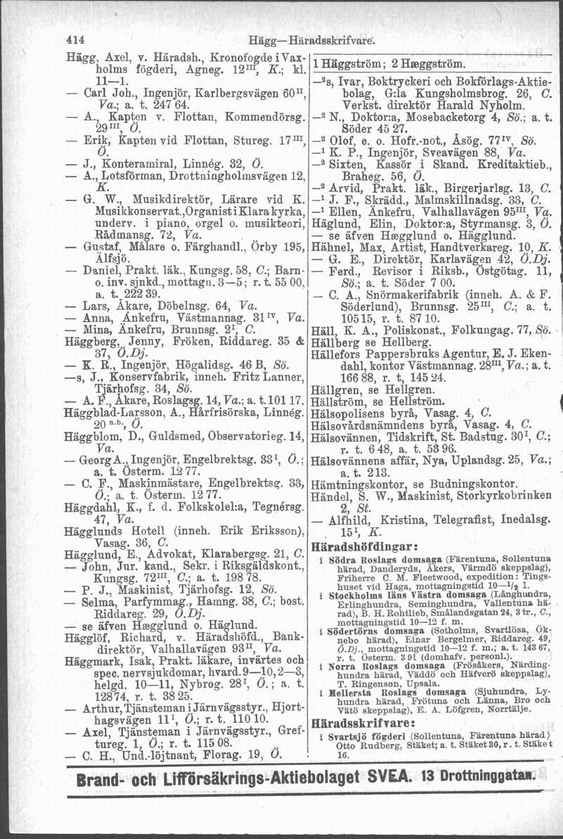 414 Hllgg- Hiradsakrifvare. Hägg, Axel, v. Haradsh., Kronofogde ivaxholms fögderi, Agneg. 121n, K.; kl. 11-1. -%s, Ivar, Boktryckeri och Bokförlags-Aktie- - Carl Joh.