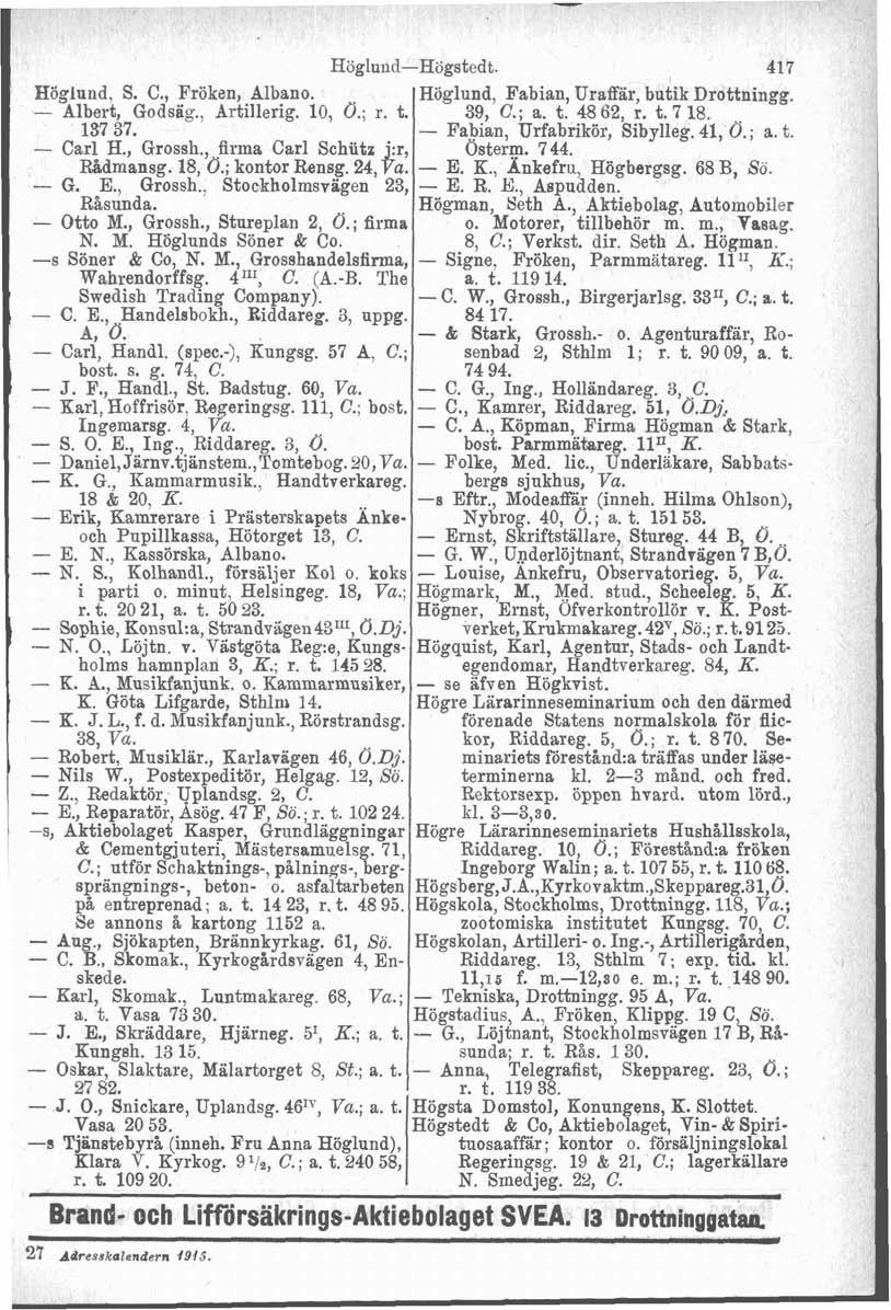 Höglund-Högstedt. 41 Höglund, Fabian, Uraffär, butik Drottningg. 39, C.;a. t.4862,r. t.718. - Fabian, Urfabrikör, Sibylleg. 41, O.; a. t. Höglund, S. C., Fröken, Albano. - Albert, Godsag., Artillerig.