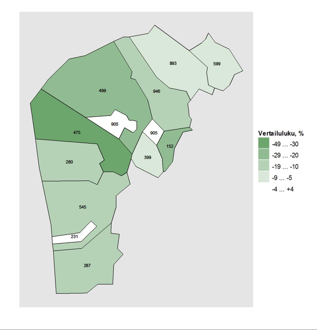 Karta 1. Vårdperioder till följd av skador och förgiftningar i regionens kommuner 2011 2015 jämfört med situationen i hela landet. Karta: Lantmäteriverkets Generalkarta 1:4 500 000, 2011.