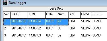 i Efter att data har laddats ner från mätaren så kommer vänstra sidan i programmet att visa hur många uppsättningar (set) av data som har laddats ner och information om varje uppsättning (mätning):