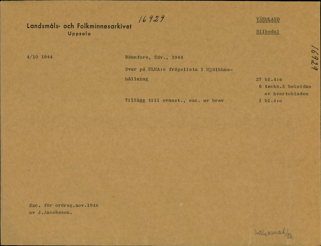 Landsmåls- och Folkminnesarkivet Uppsala IL i2? VÄRMLAND Silbodal 4/10 1944 Rönnfors, Edv.