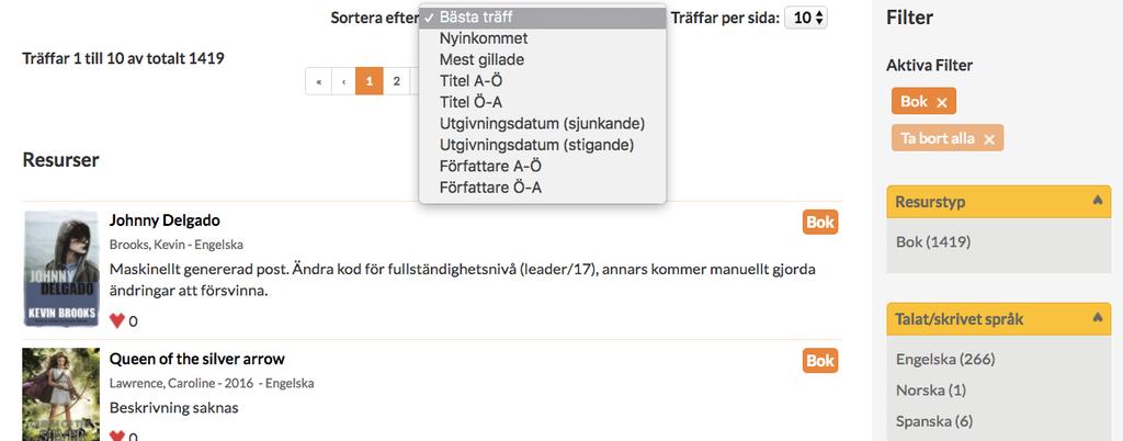 Sociala funktioner Dela resurser En resurs eller samling kan delas inom WeLib, mejl och sociala medier och man kan se den även när man inte är inloggad.