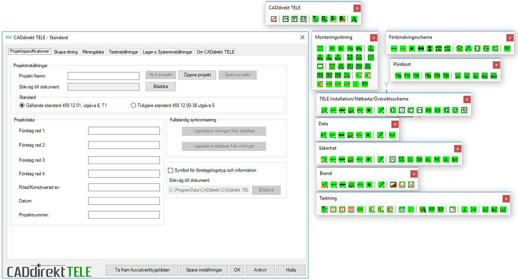 CADDIREKT TELE Verktygsfält och projektkontrollen.