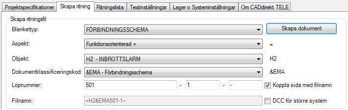 Magnetkontakt, generell förbindning från kopplingsdosa till magnetkontakt: =H1&EMA501-1 Glaskrossdetekor, generell