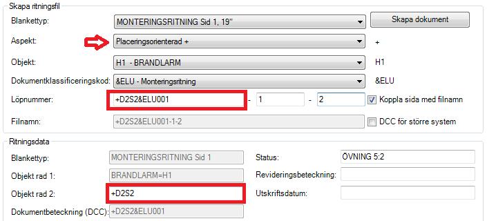Monteringsritning sida 1: OBS! Aspekten "+" gör att namngivningen av dokumenten till stor del måste göras manuellt, dvs. hela namngivningen görs som ett löpnummer. Fördelning +D2S1.