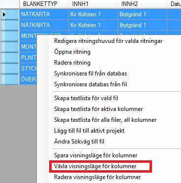 Radera visningsläge för kolumner. Raderar markerad inställning.