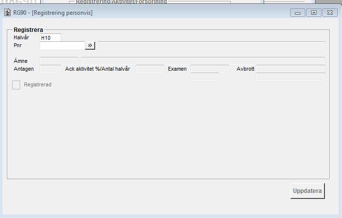 Bilaga 3 RG90B01G Registrering personvis Funktionshjälp RG90 - Registrering personvis Senast uppdaterad: 2013-10-15 Ange halvår och personnummer. Halvår anges på samma sätt som termin, t.ex. H04.